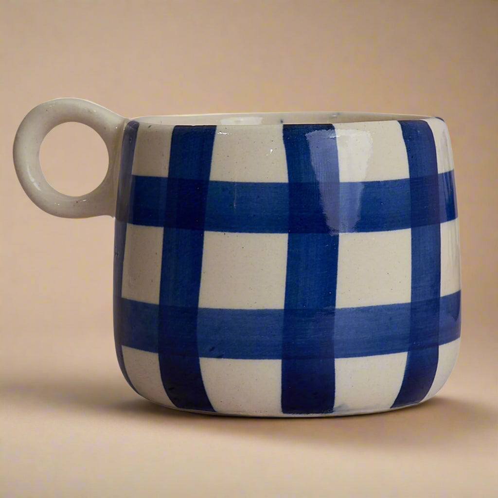Big Ghingham Checkered Mug In Blue - Single (350ml)