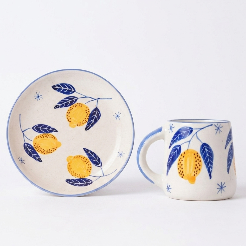 Italian Lemon Leafy Ceramic Set - Plate & Cup