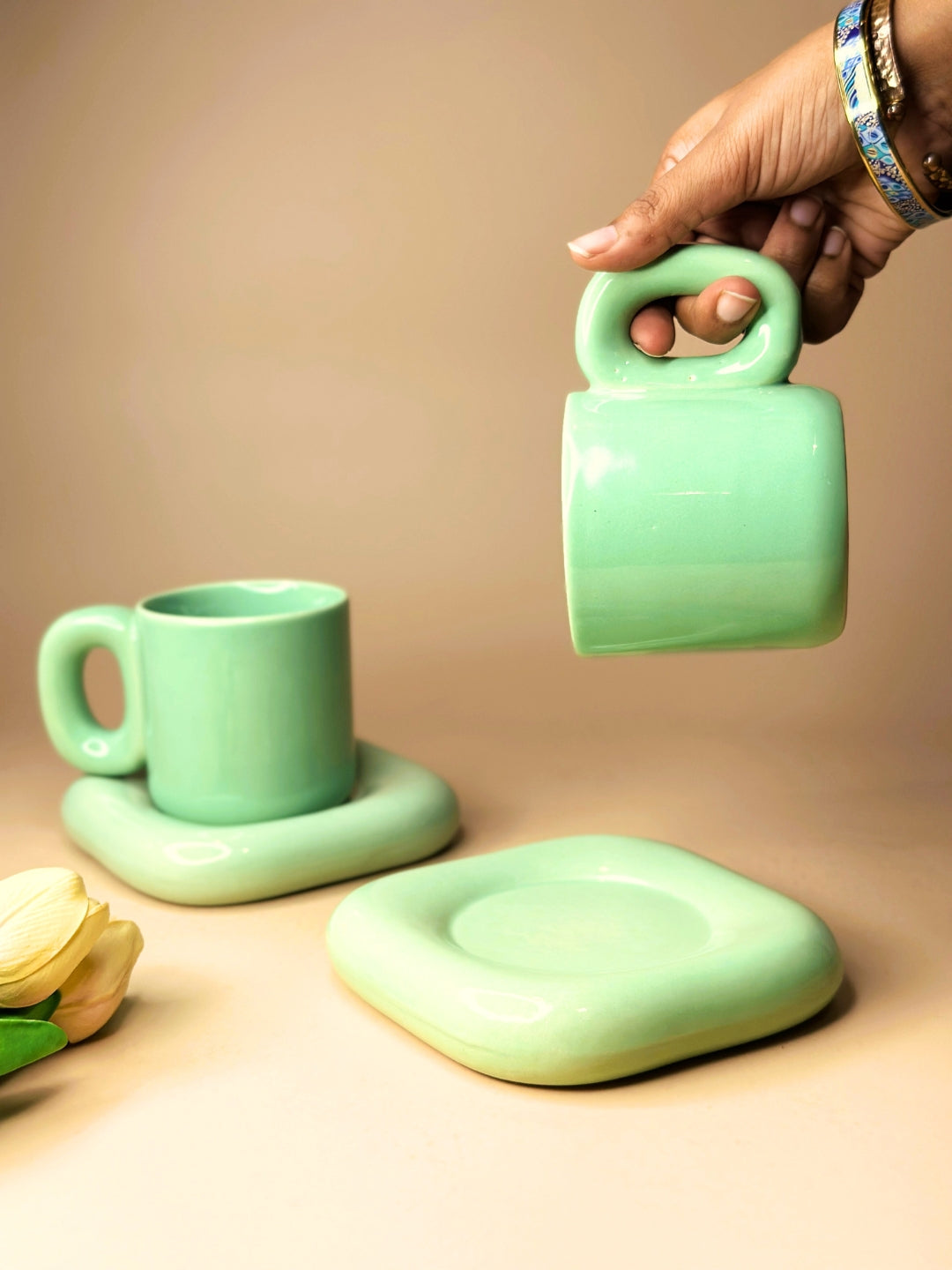 Glossy Mint Green Cup & Saucer Set - (220ml)