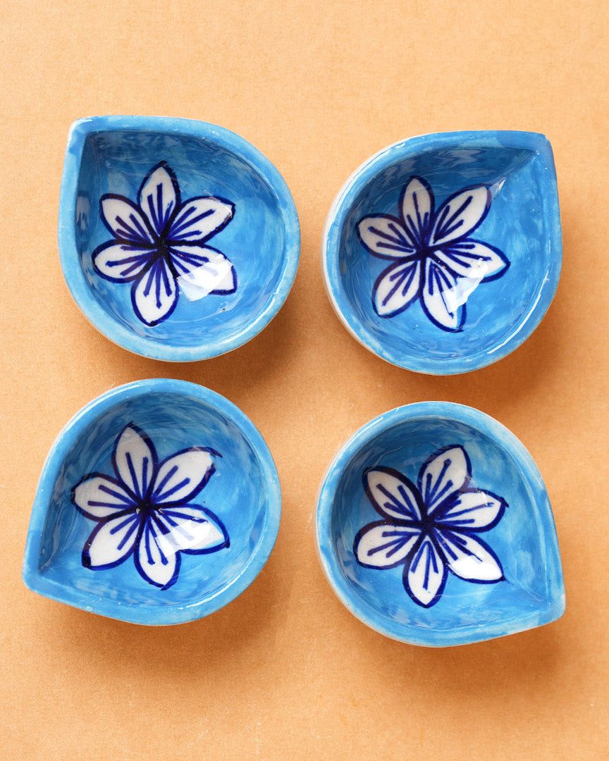 Neel Pushp Deepavali Blue Ceramic Diya's Set of 4