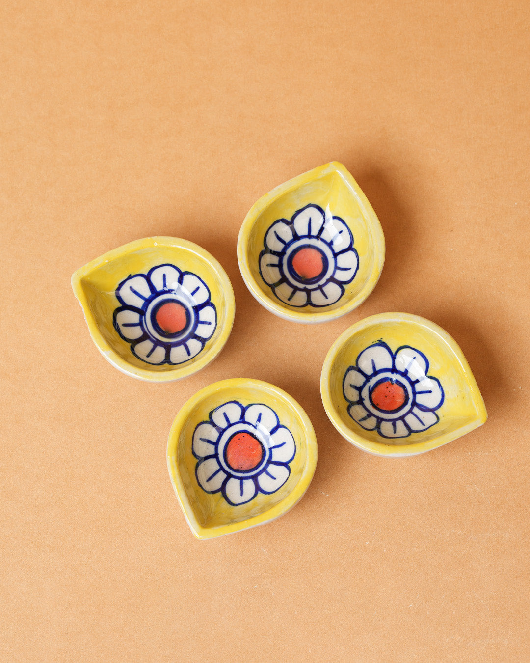 Yellow Bloom Ceramic Diya's Set of 4