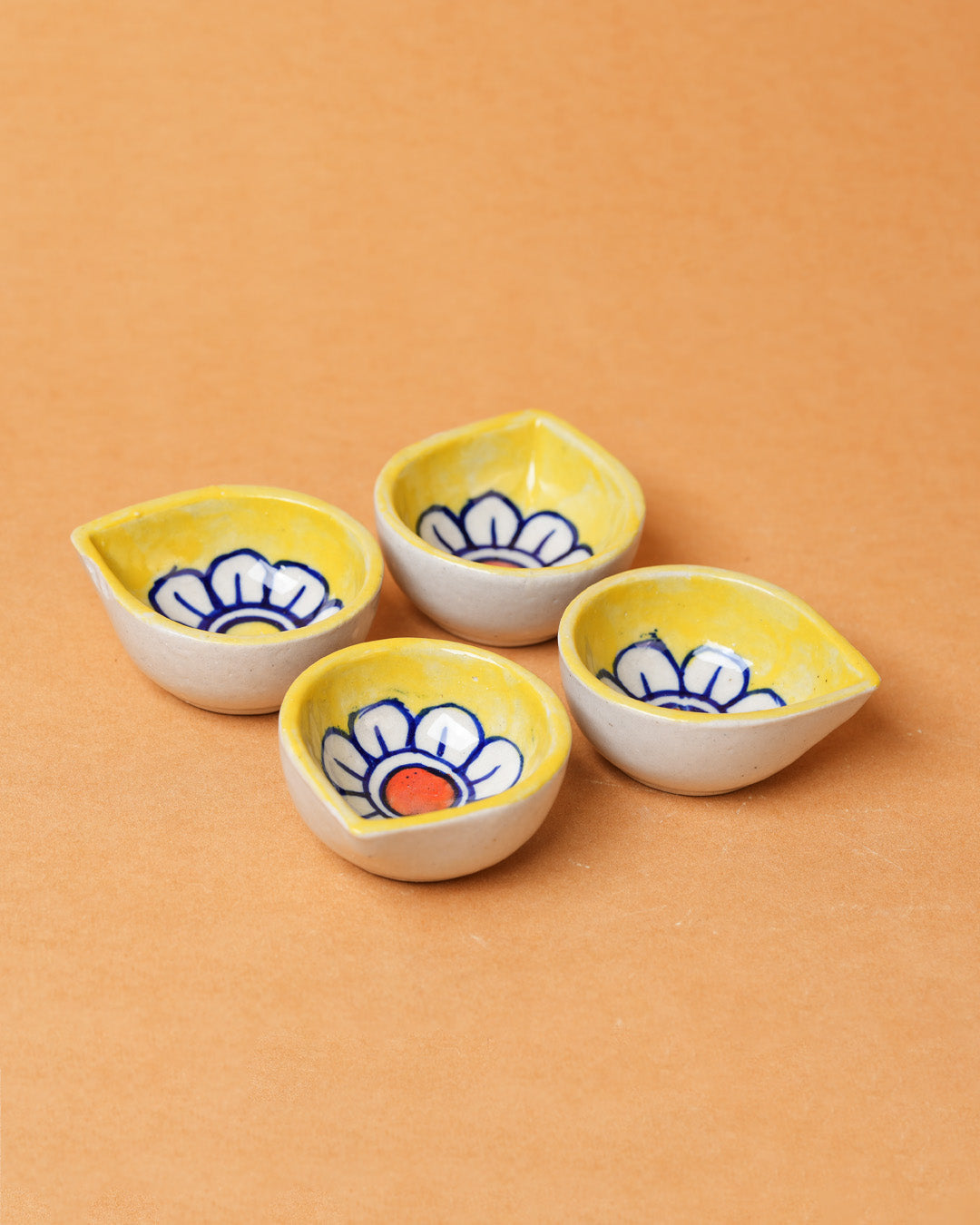 Yellow Bloom Ceramic Diya's Set of 4