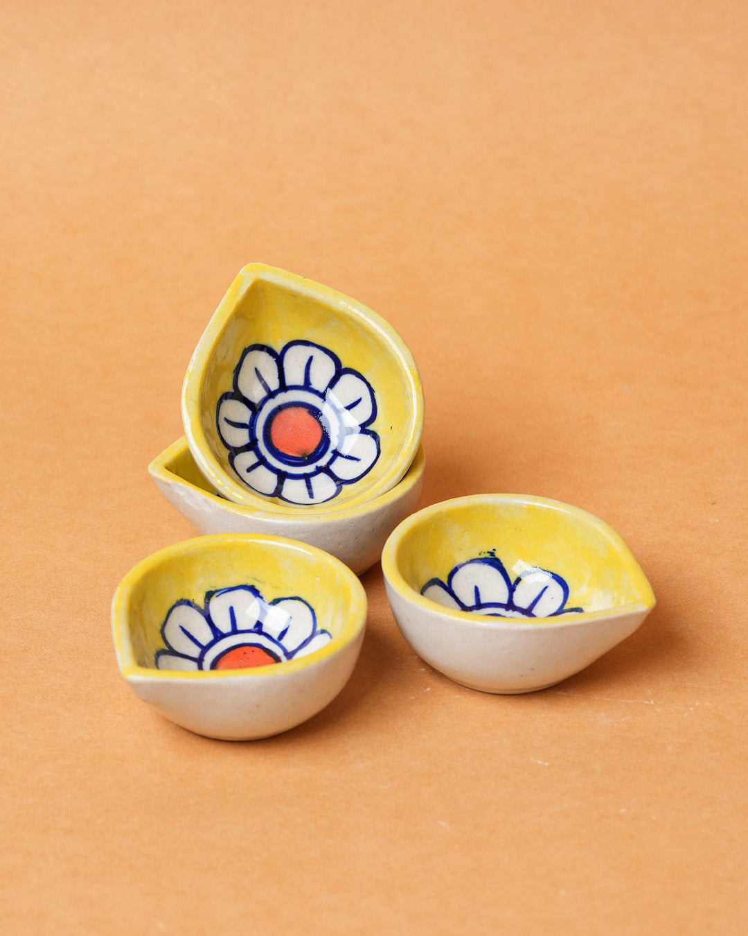 Yellow Bloom Ceramic Diya's Set of 4