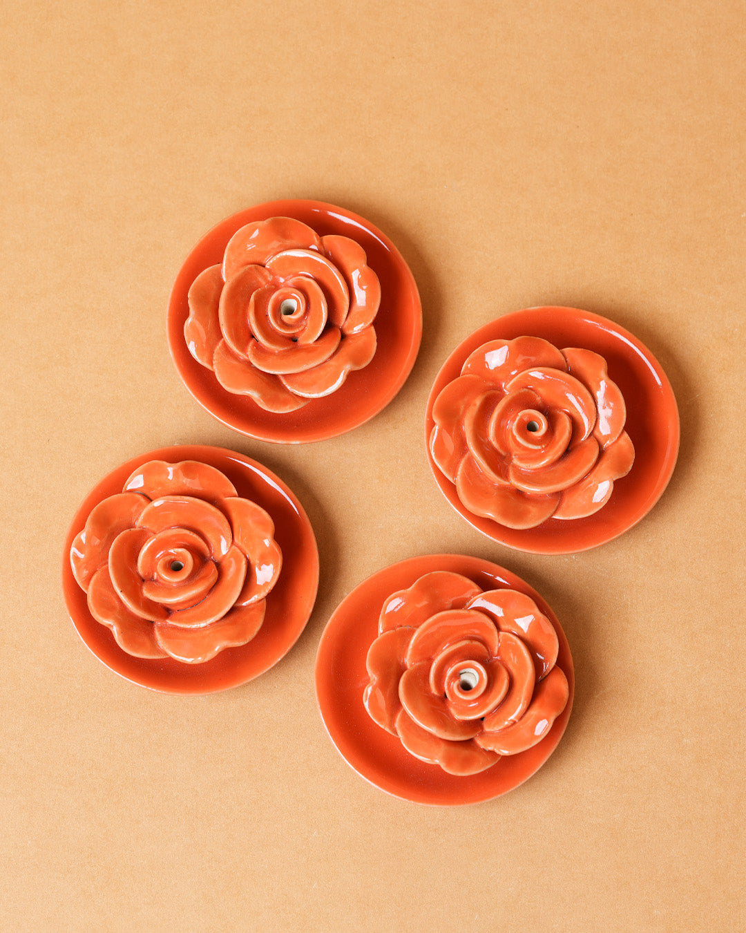 Orange Rose Ceramic Incense Holders - Handcrafted Fragrance Diffusers (Set of 4)