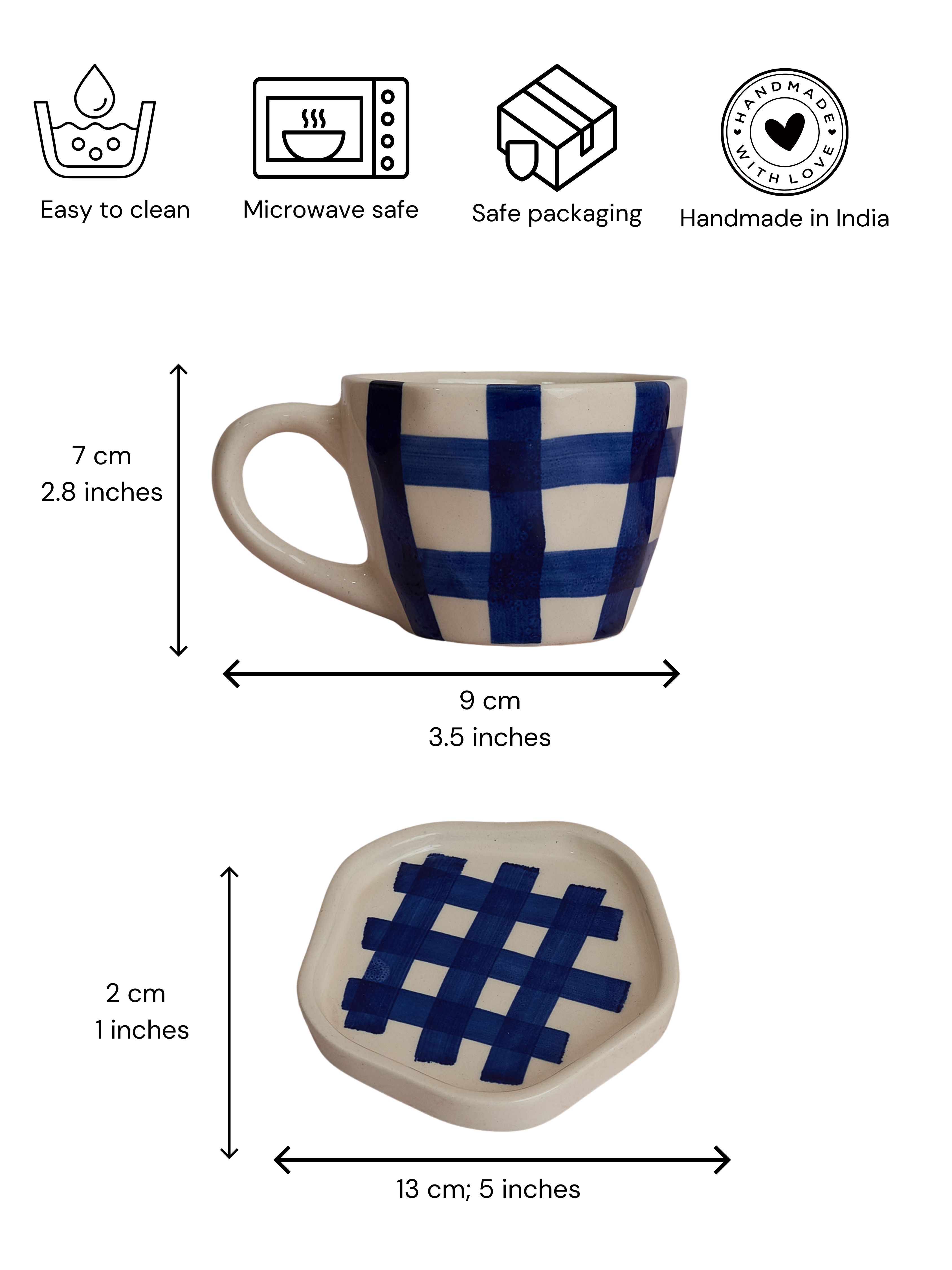 Indigo Gingham Check Cup & Saucer Set for Stylish Tea Time (200ml)