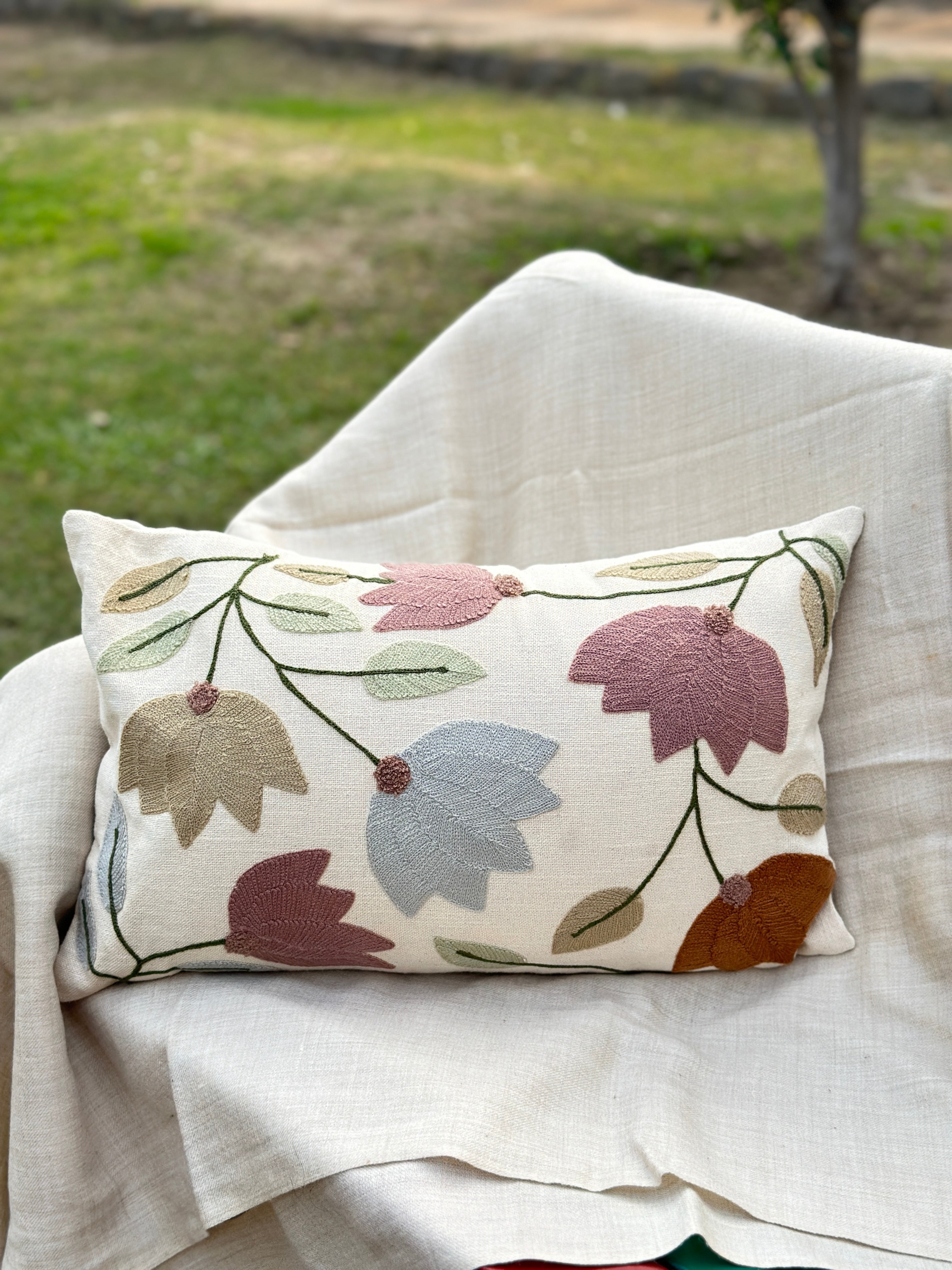 Lotus Embroidered Lumbar Cushion