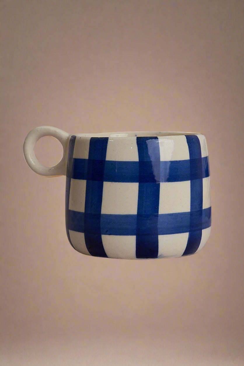 Big Ghingham Checkered Mug In Blue - Single (350ml)