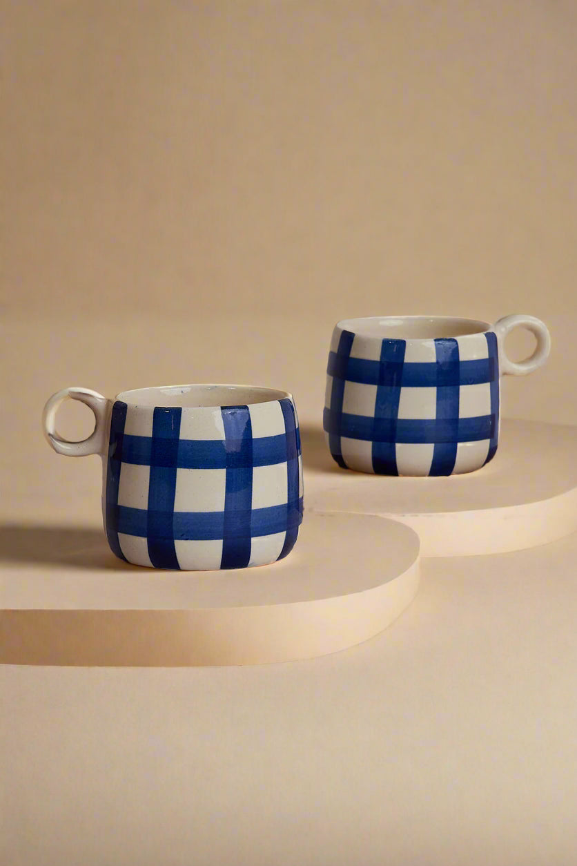 Big Ghingham Checkered Mug In Blue - Single (350ml)