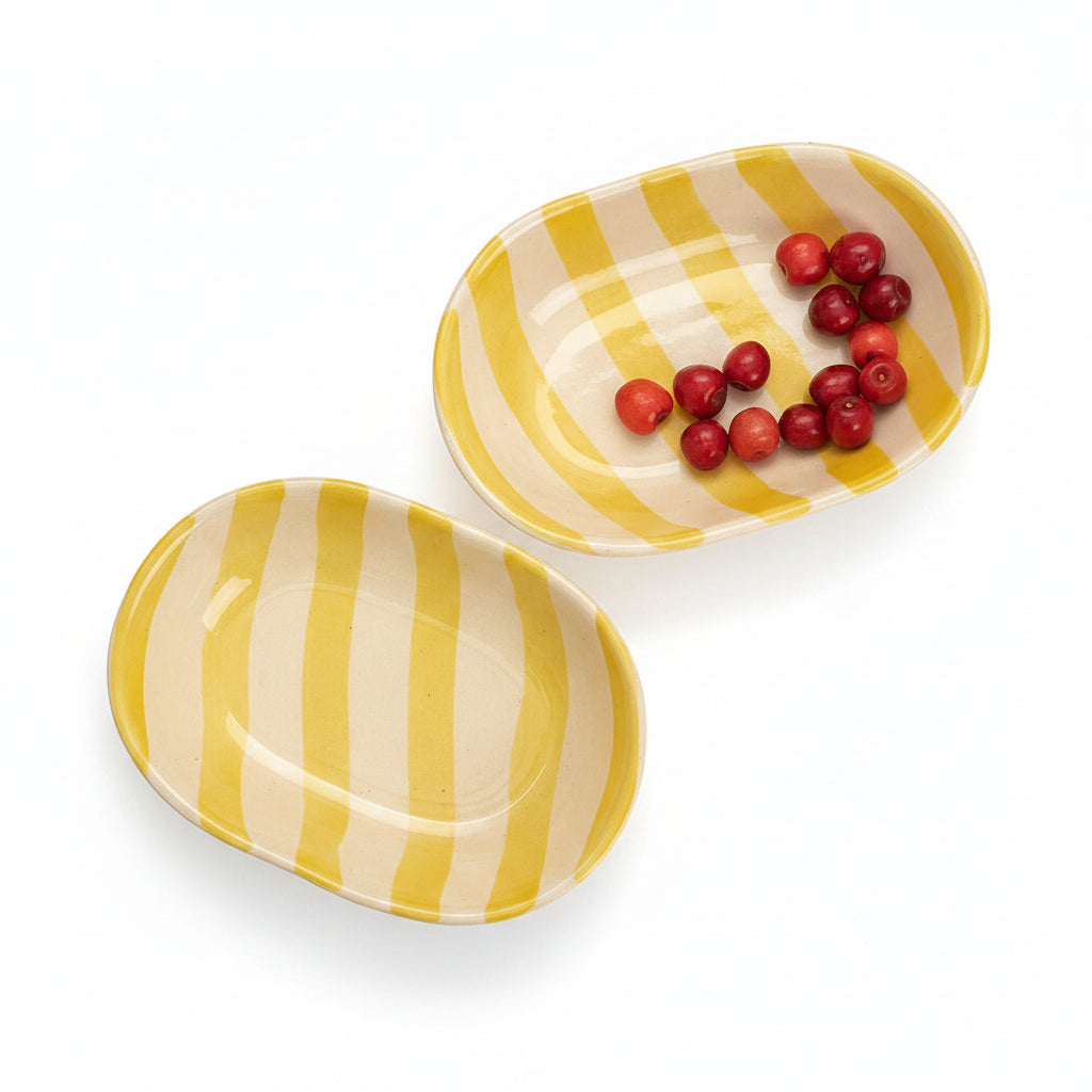 Pastel Yellow Stripe Handpainted Ceramic Bowl