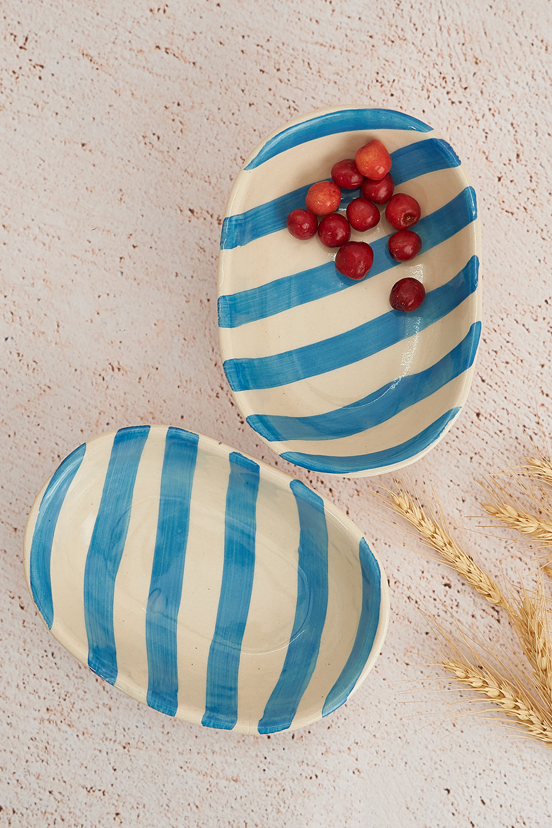 Sky Blue Stripe Handpainted Striped Ceramic Bowl