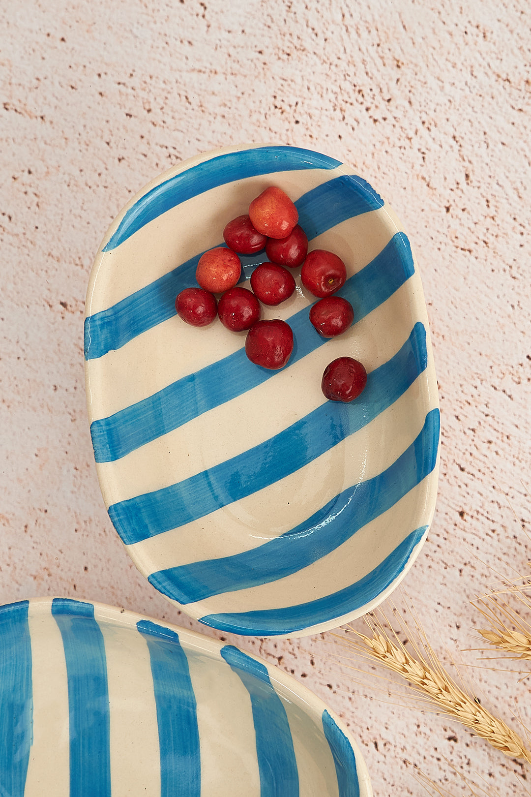 Sky Blue Stripe Handpainted Striped Ceramic Bowl