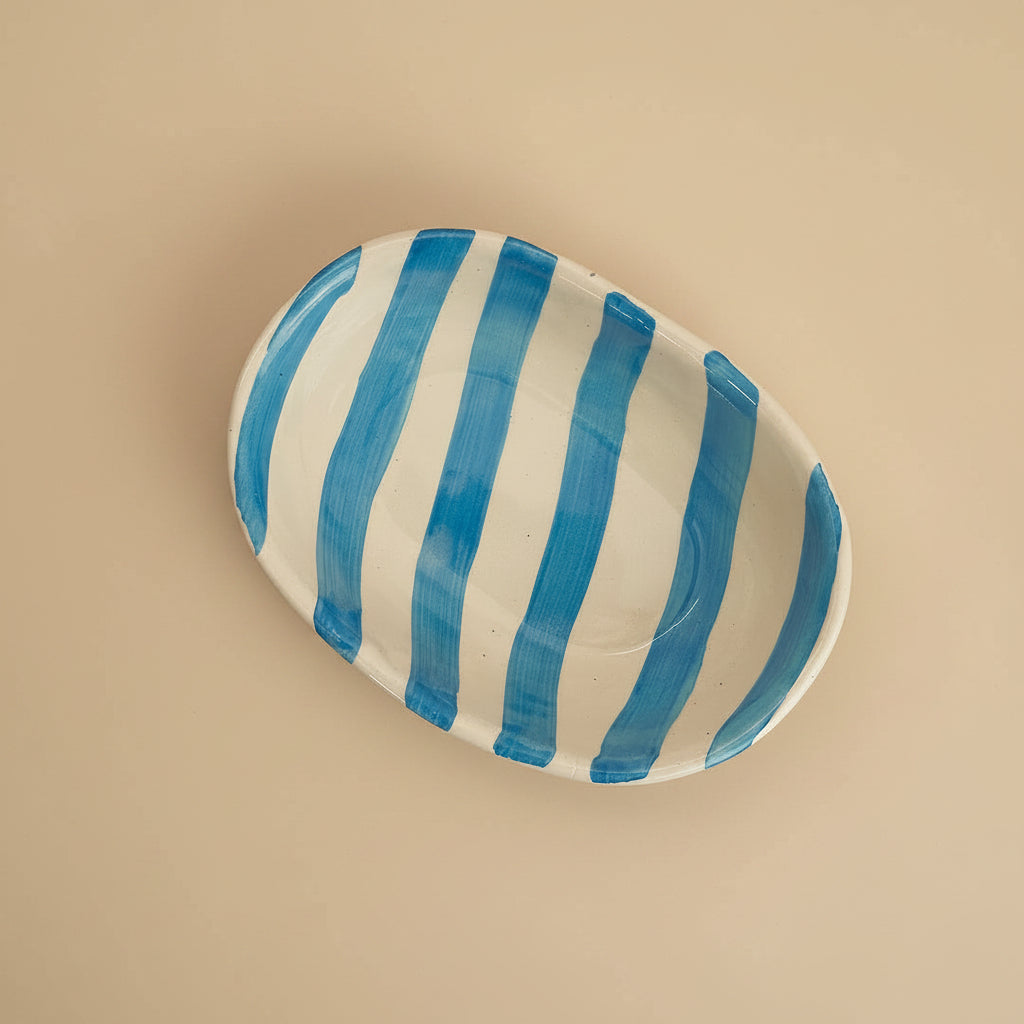 Sky Blue Stripe Handpainted Striped Ceramic Bowl