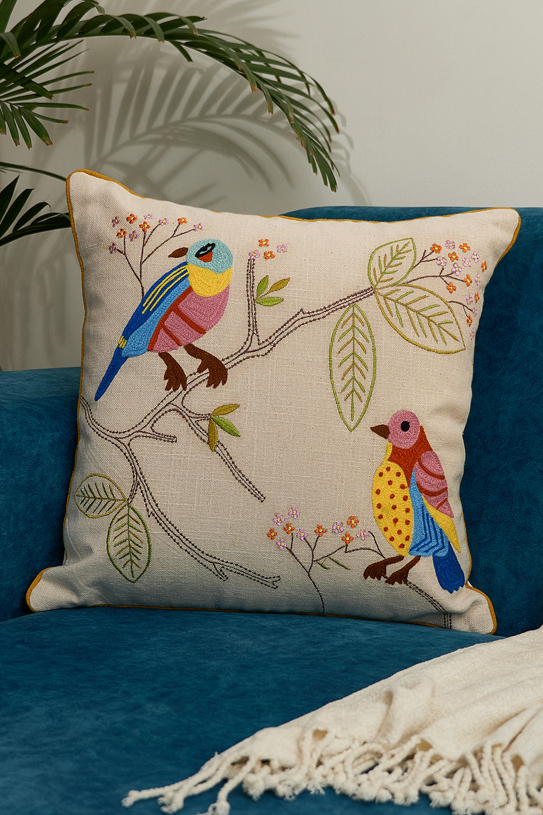 Birds on a Branch Embroidered Cushion Cover - 16x16 inches