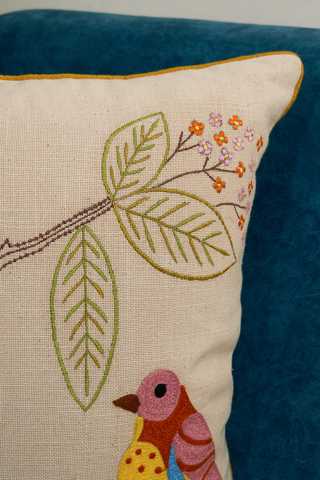 Birds on a Branch Embroidered Cushion Cover - 16x16 inches