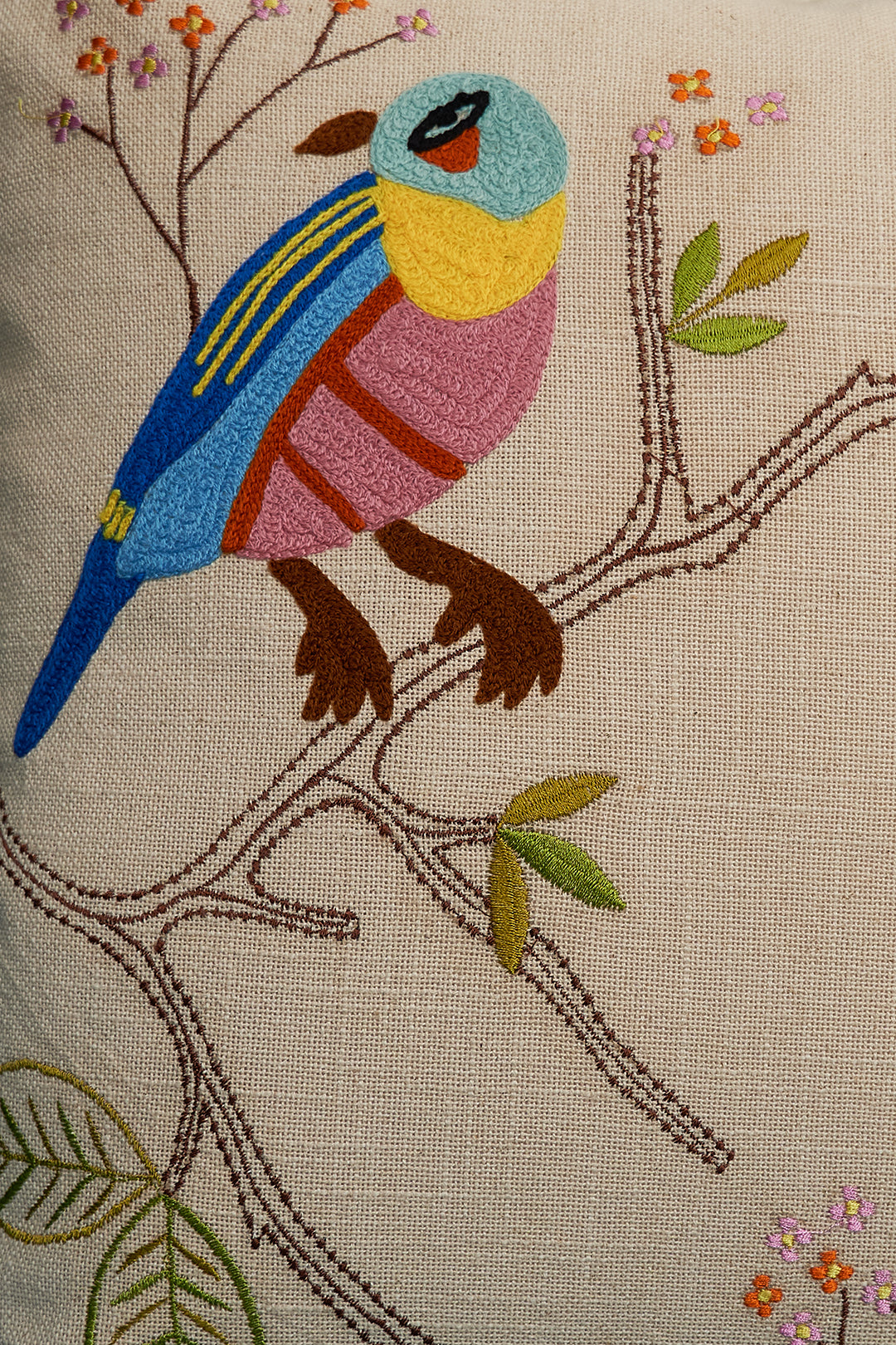 Birds on a Branch Embroidered Cushion Cover - 16x16 inches