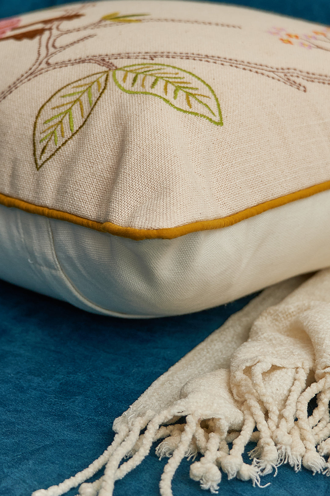 Birds on a Branch Embroidered Cushion Cover - 16x16 inches