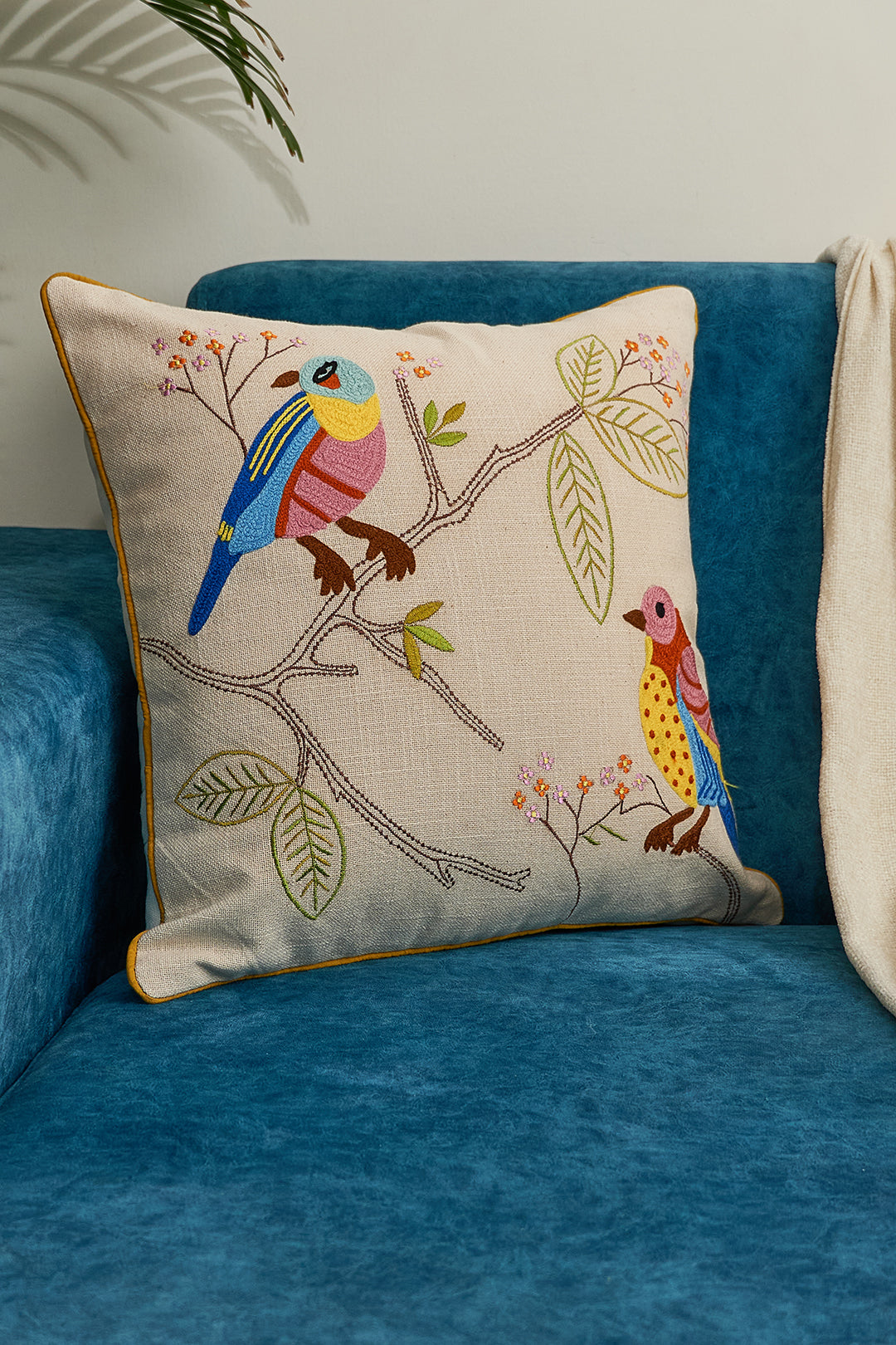 Birds on a Branch Embroidered Cushion Cover - 16x16 inches