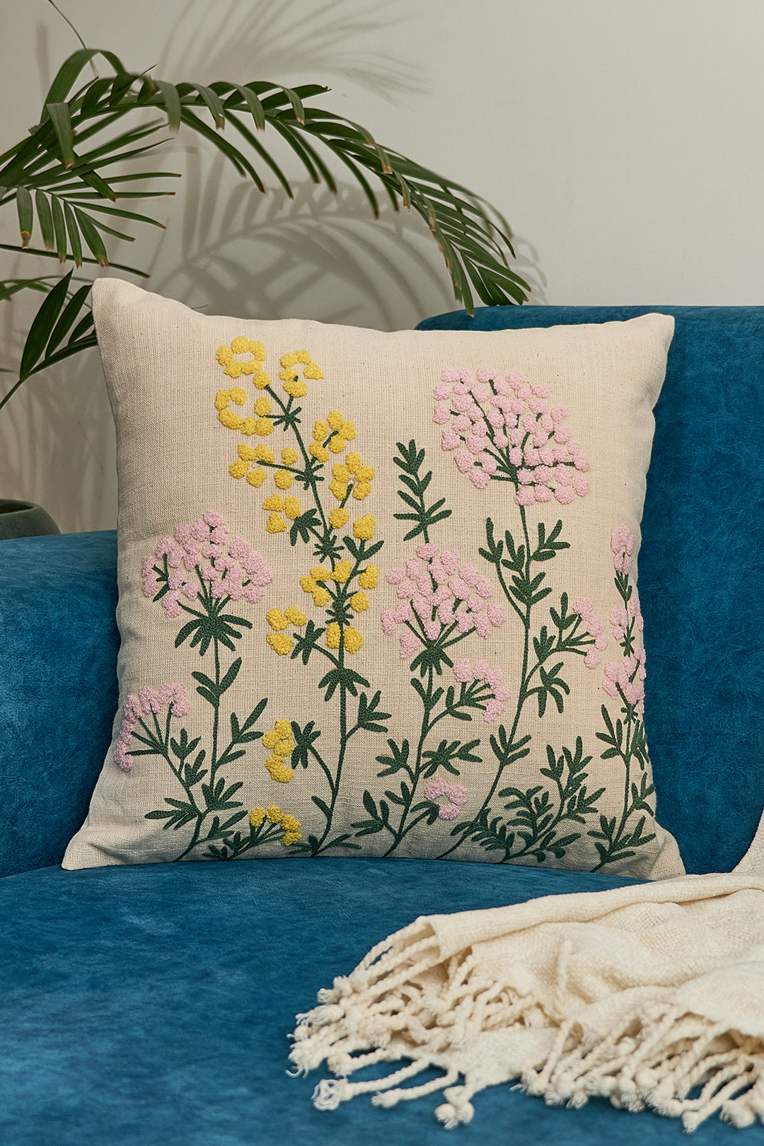 Hydrangeas Tufted Embroidered Cushion Cover- 16x16 inches
