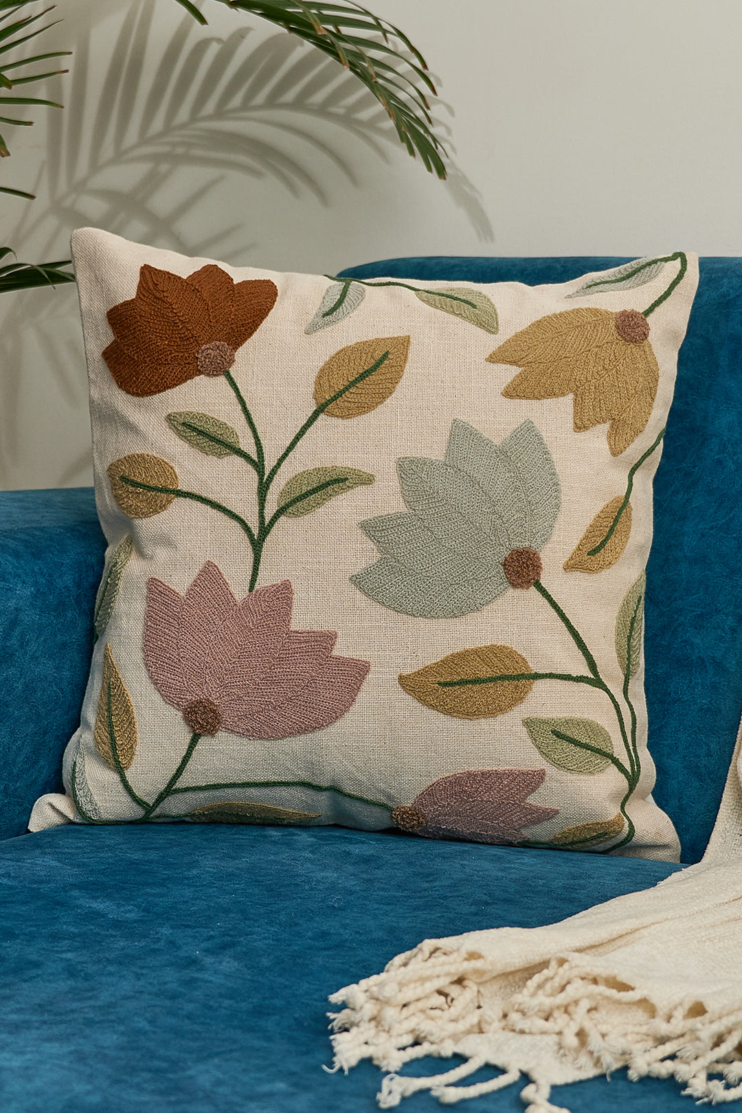 Lotus Flower Embroidered Cushion Cover- 16x16 inches