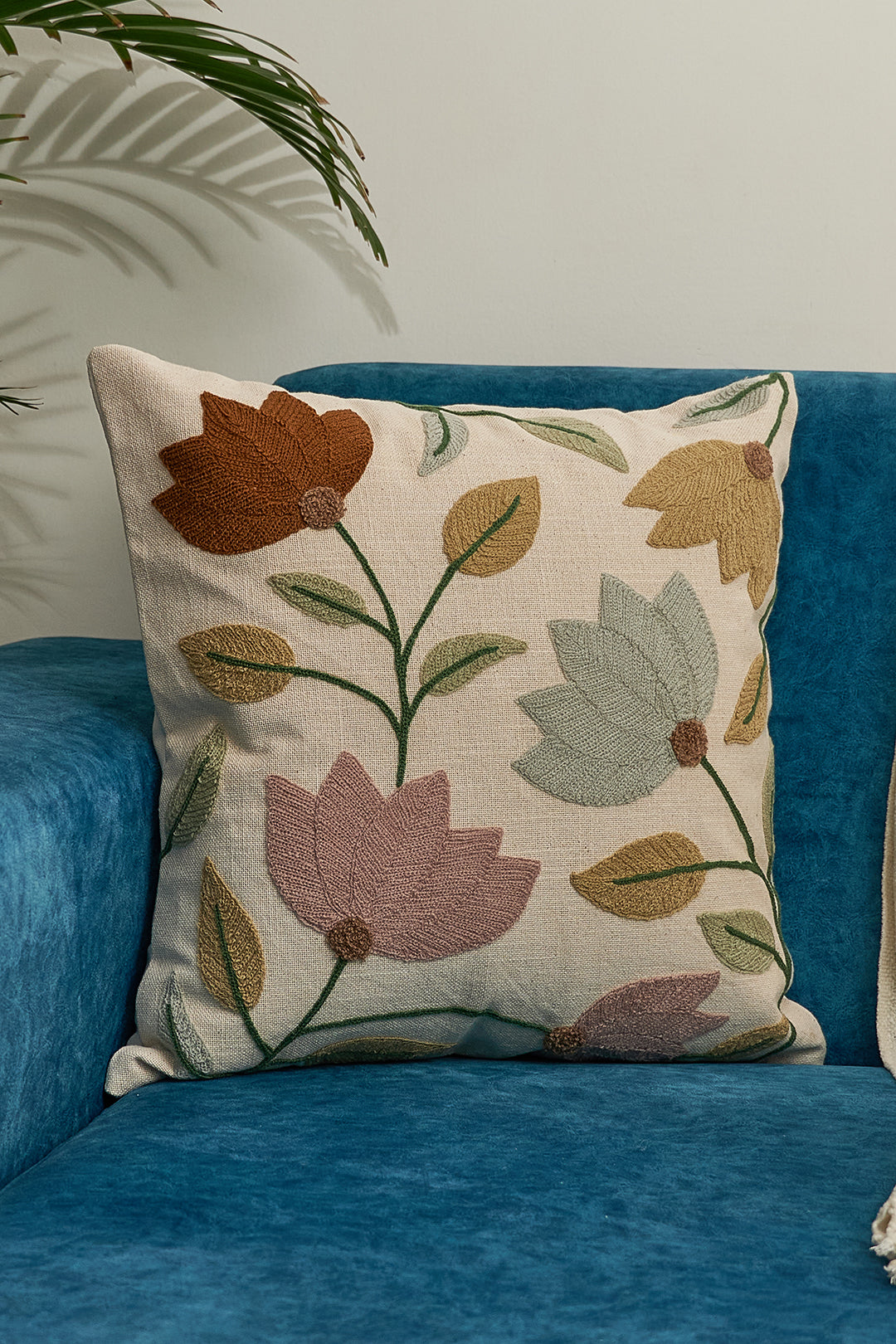 Lotus Flower Embroidered Cushion Cover- 16x16 inches