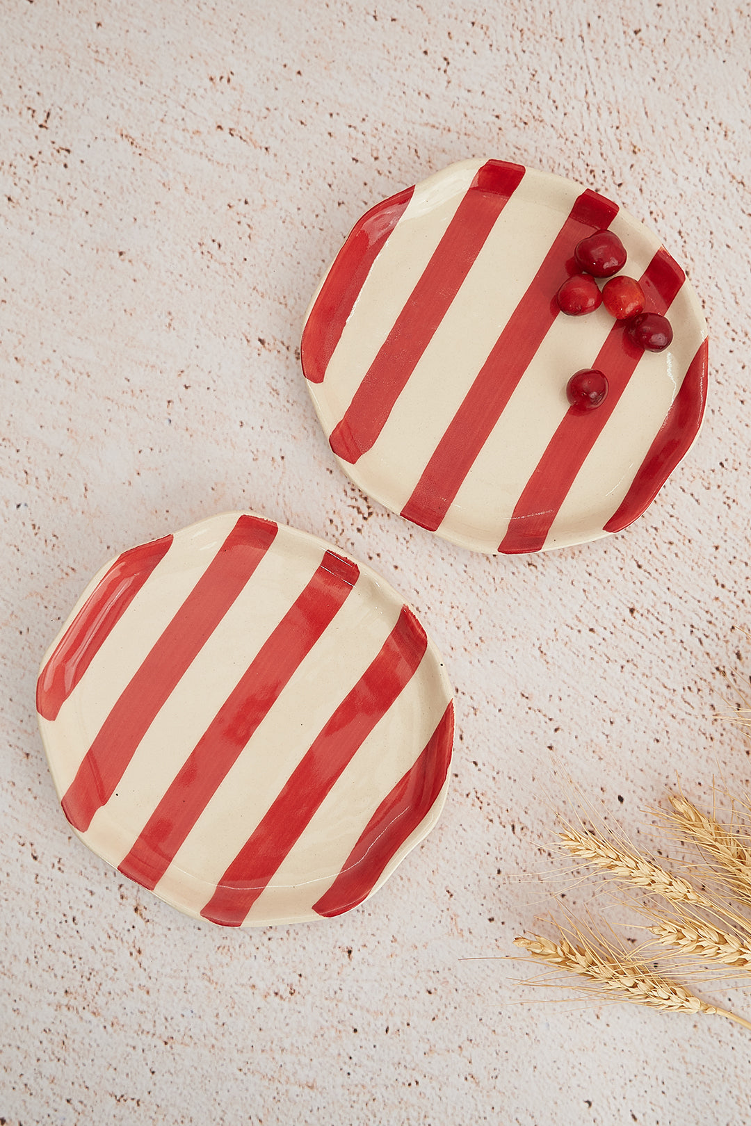 Vintage Red Stripe Ceramic Plates Set of 2