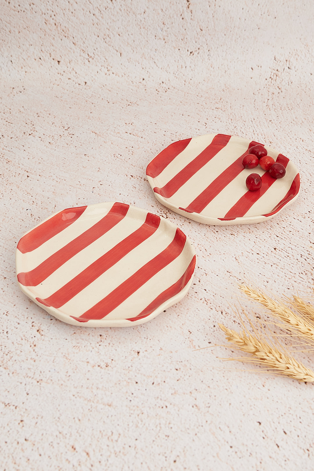 Vintage Red Stripe Ceramic Plates Set of 2