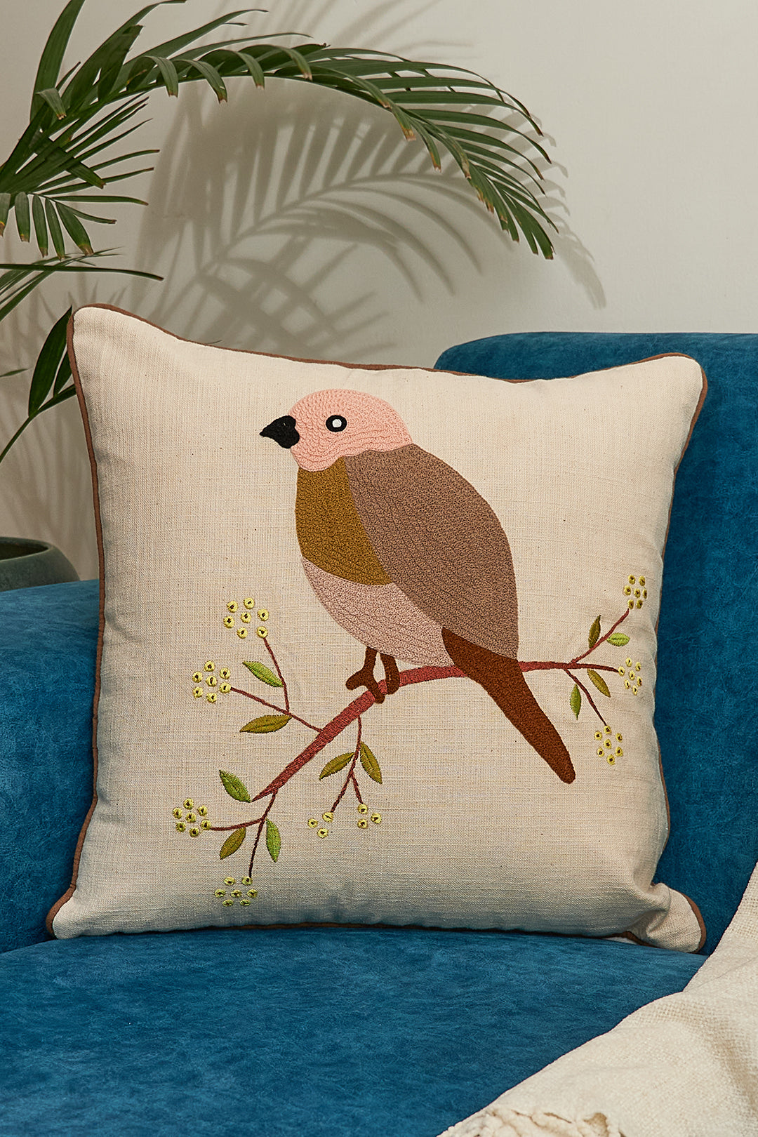 Birdie on a Tree Embroidered Cushion Cover- 16x16inches
