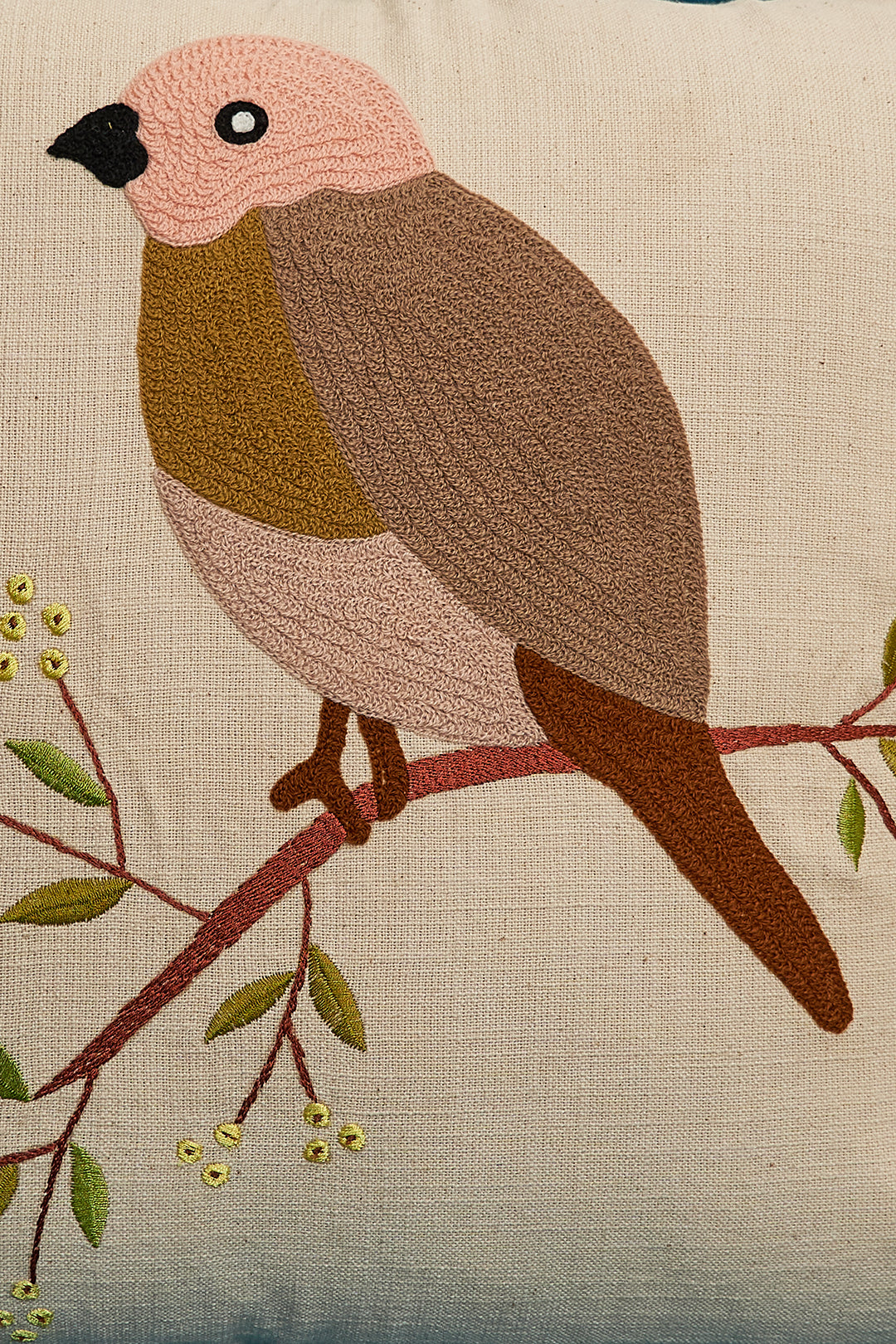 Birdie on a Tree Embroidered Cushion Cover- 16x16inches