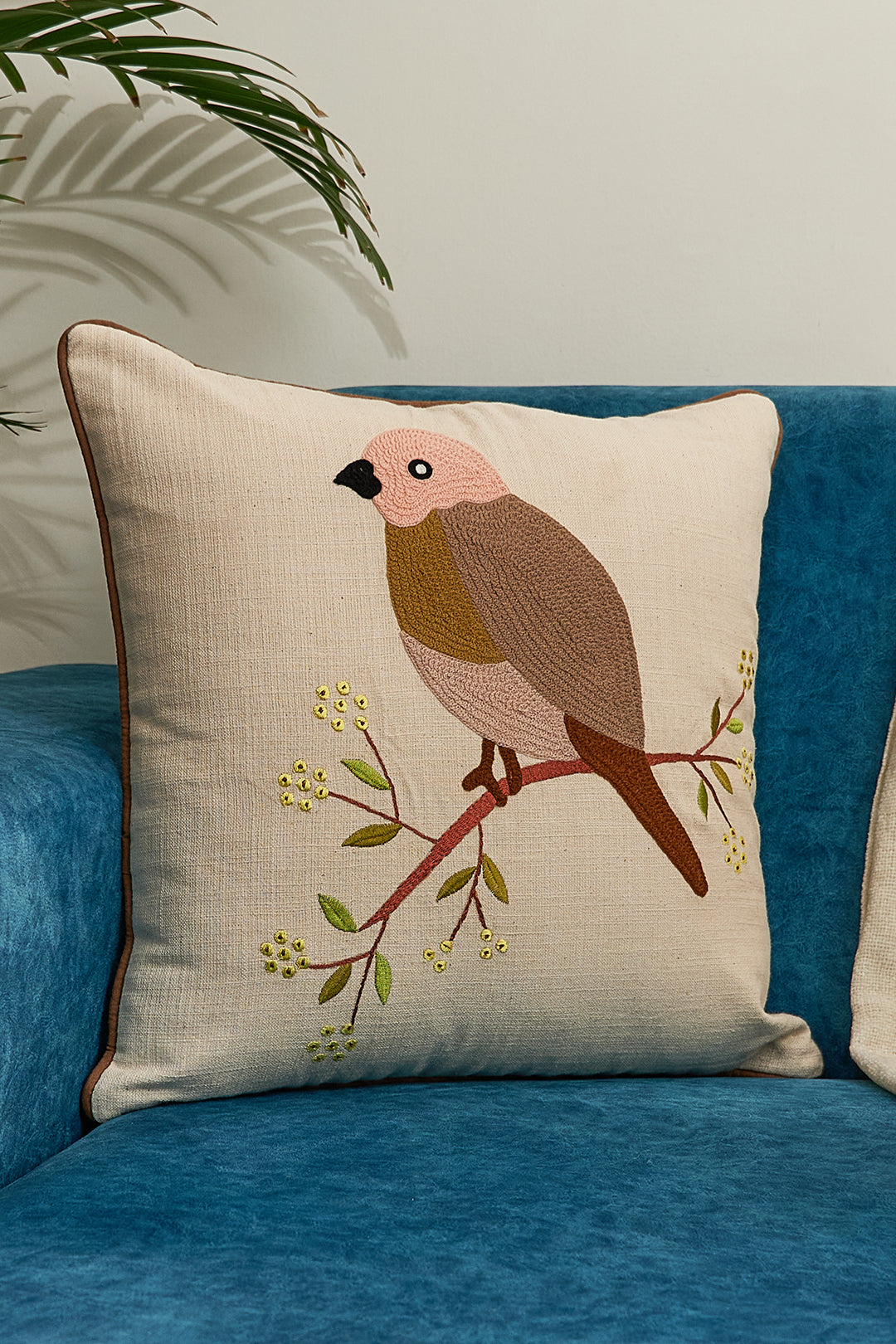 Birdie on a Tree Embroidered Cushion Cover- 16x16inches