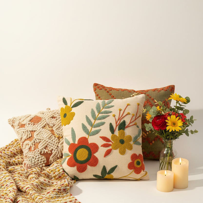 a blue couch with a flowered pillow on it