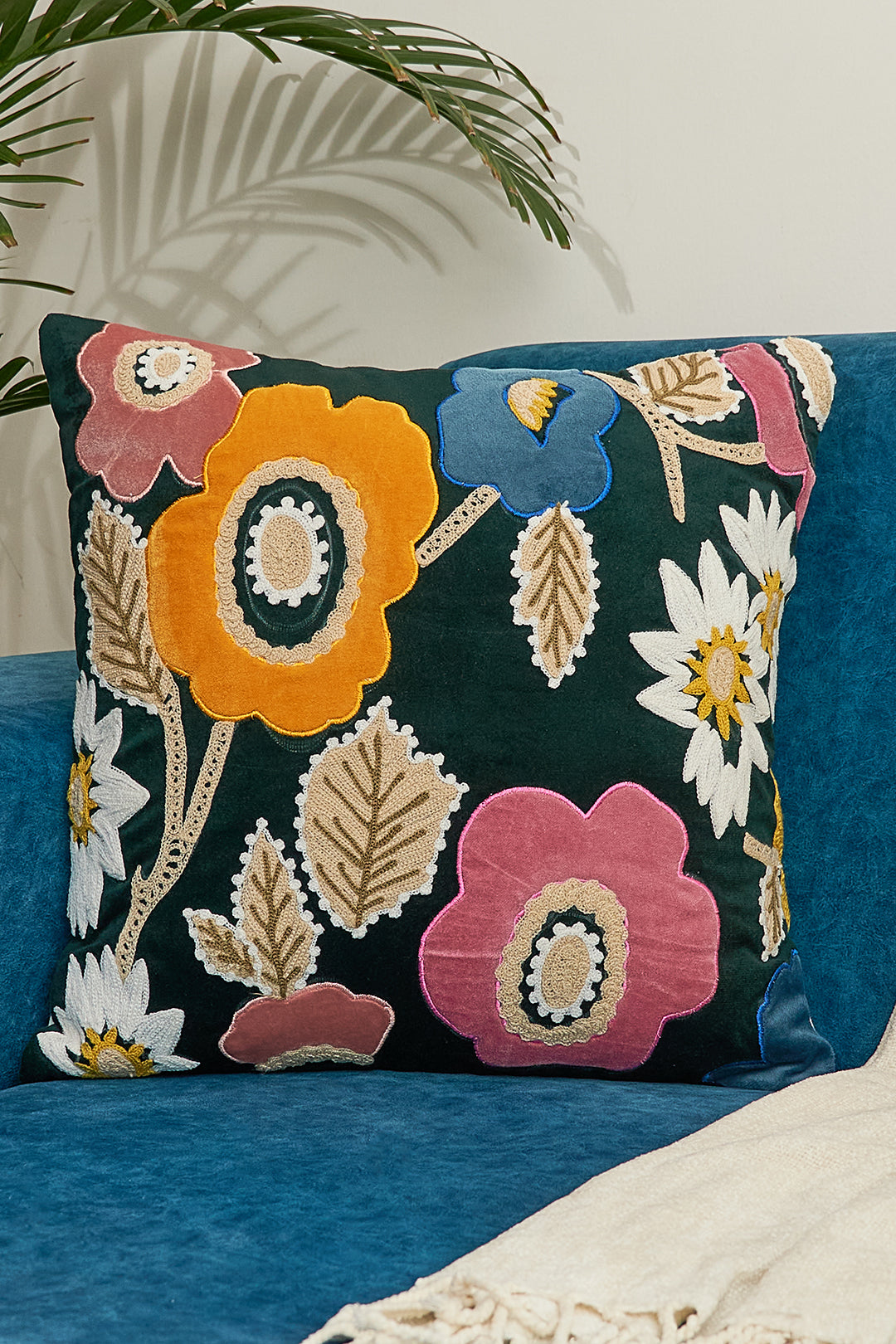 Green Applique Velvet Cushion Cover with Embroidery - 16x16 inches
