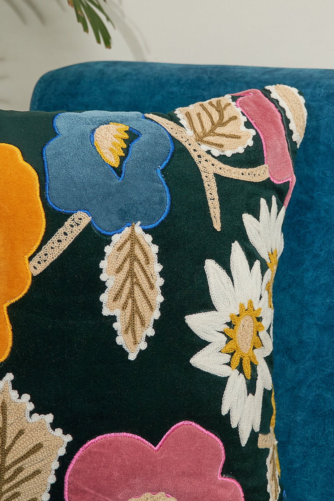 Green Applique Velvet Cushion Cover with Embroidery - 16x16 inches