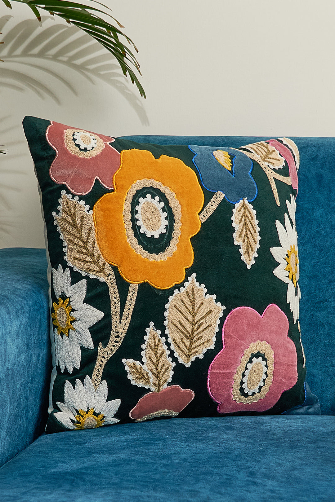 Green Applique Velvet Cushion Cover with Embroidery - 16x16 inches