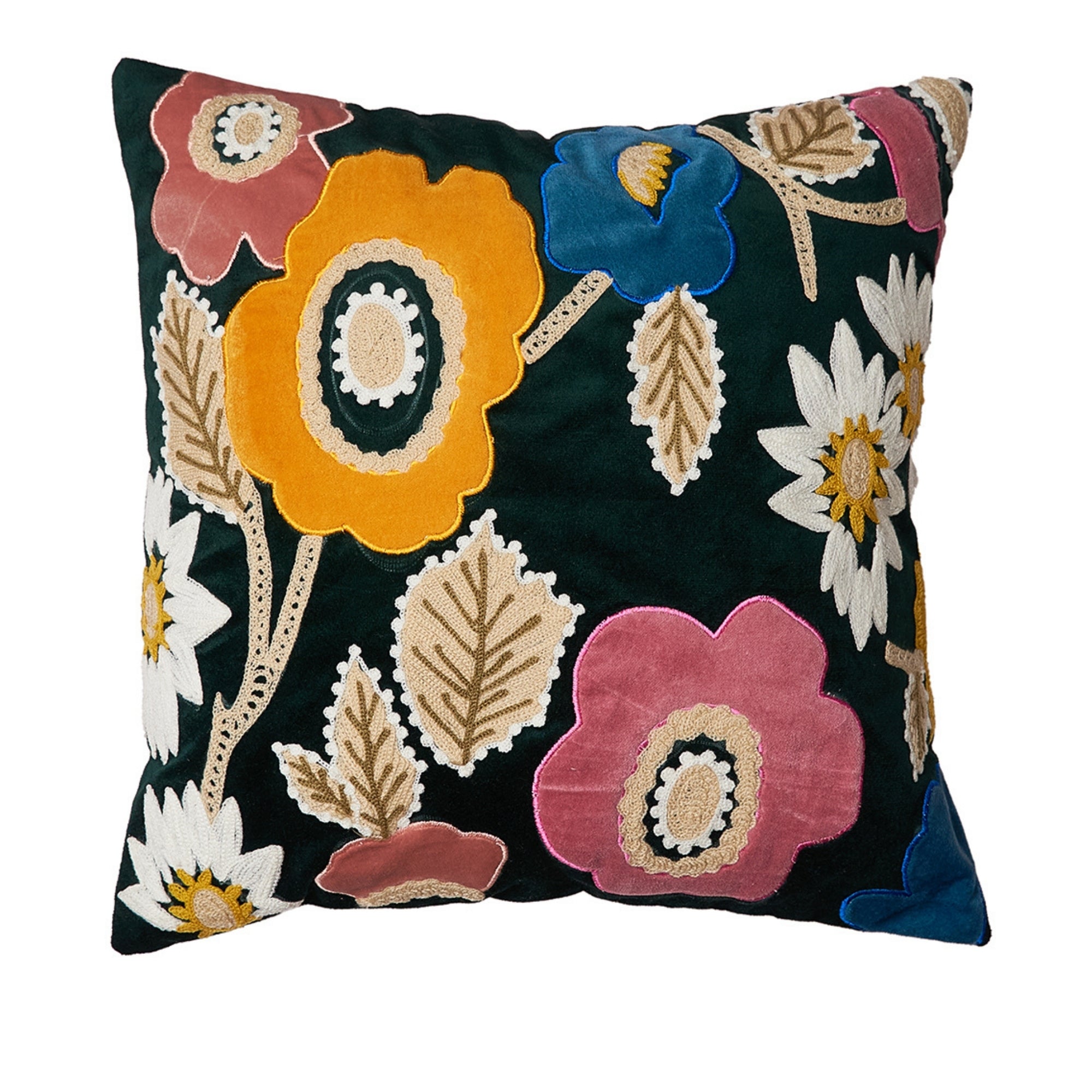 Green Applique Velvet Cushion Cover with Embroidery - 16x16 inches