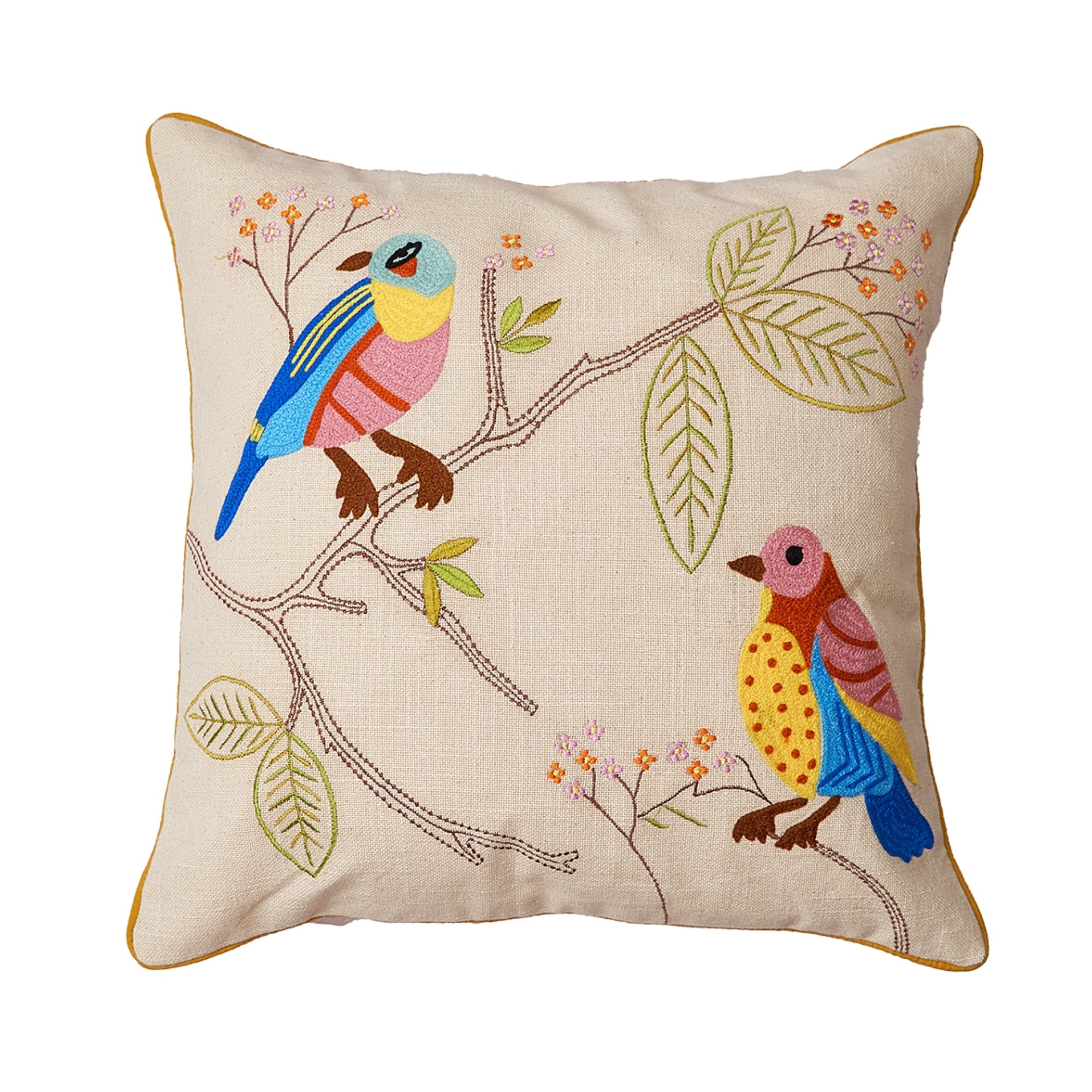 Birds on a Branch Embroidered Cushion Cover - 16x16 inches