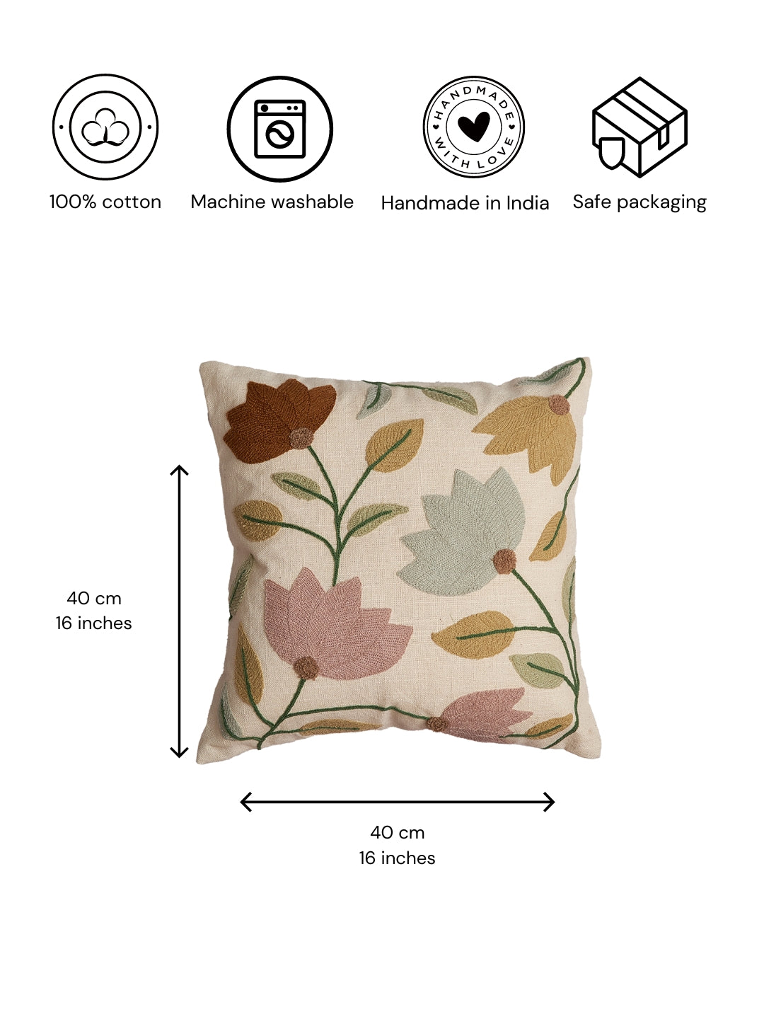 Lotus Flower Embroidered Cushion Cover- 16x16 inches