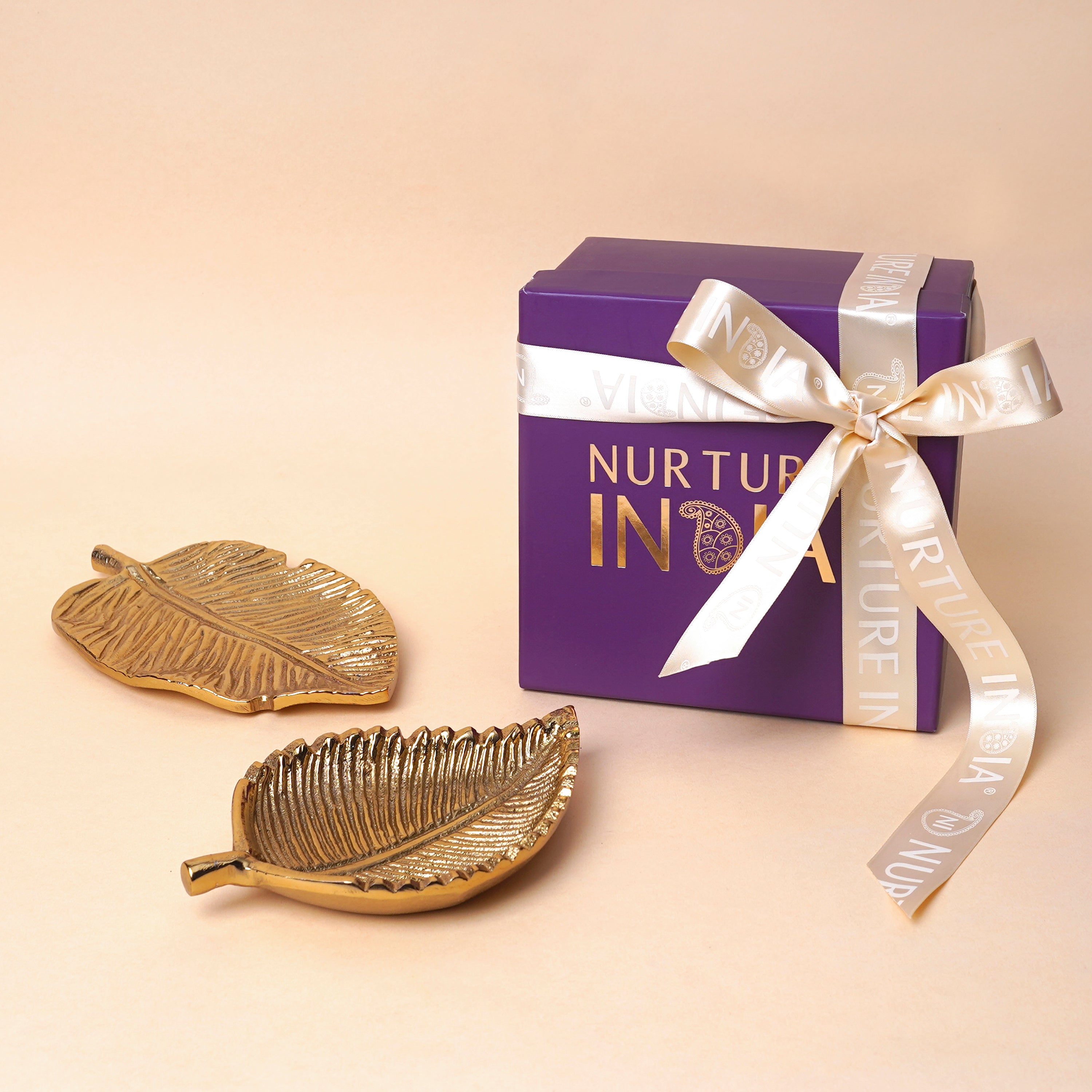 Set of 2 Golden Metal Trinket Dish Gift Box