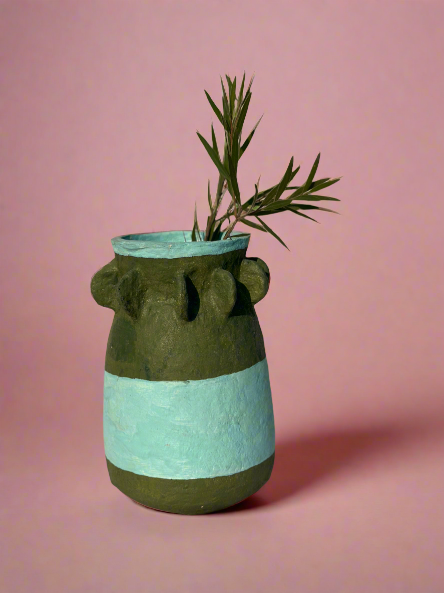 Stripe Olive Green & Sky Blue Paper Mache Vase