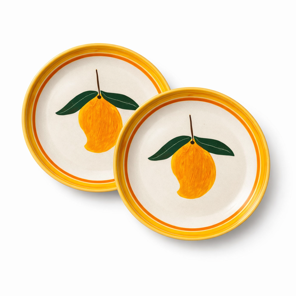 Two ceramic coasters with lemon designs on a white background