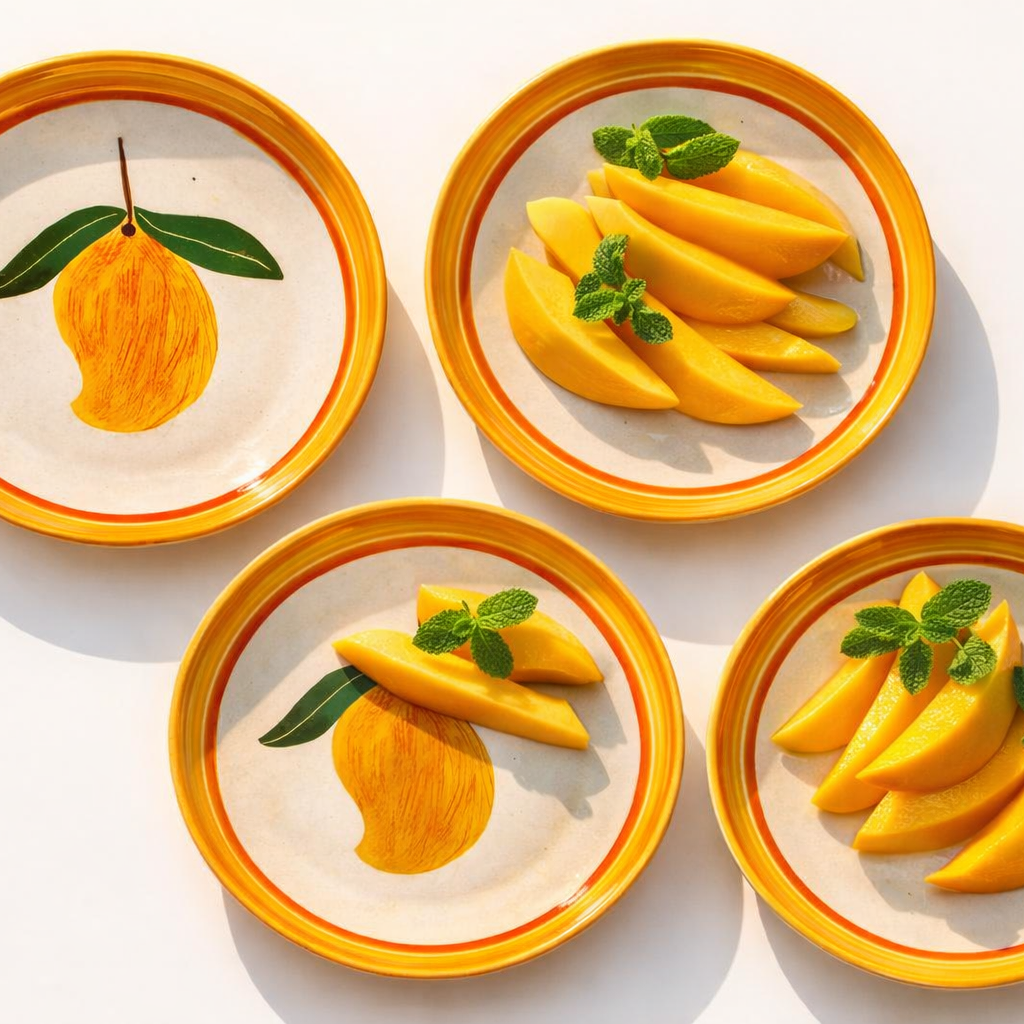 Four plates with sliced mangoes and leaves on a white background