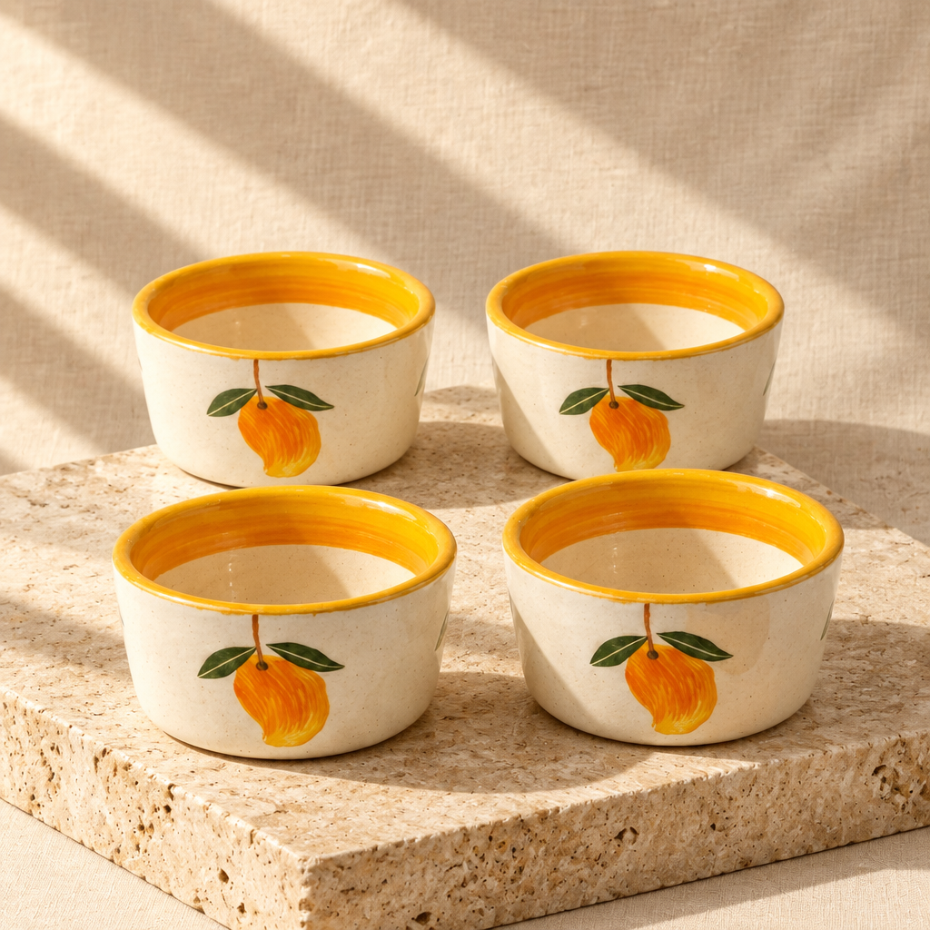 Four small ceramic bowls with yellow-orange rims and a mango print on the side, arranged on a white surface with a spoon and mango slices nearby.