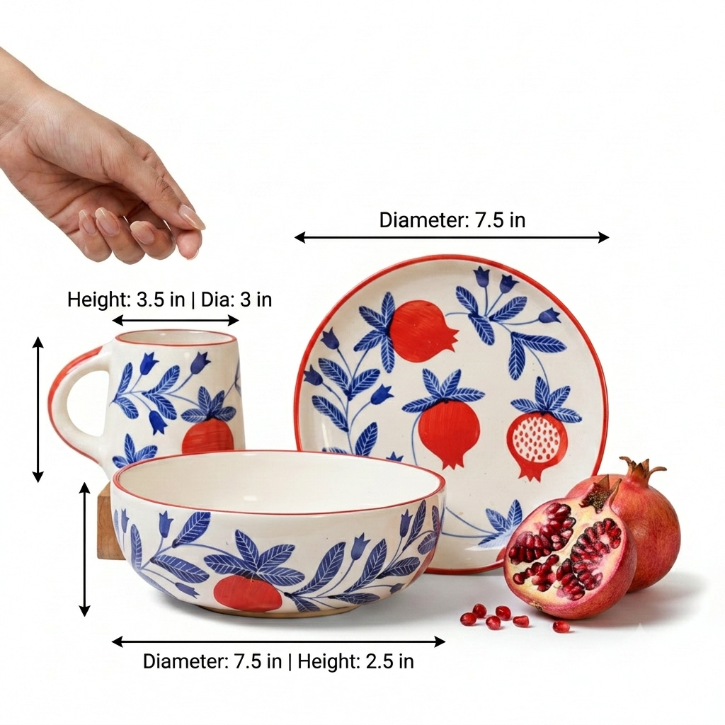 A set of ceramic tableware with a blue and red pomegranate pattern, shown with dimension arrows and labels indicating diameter and height. A hand is visible at the top left for scale, with pomegranate props on the right against a white background.