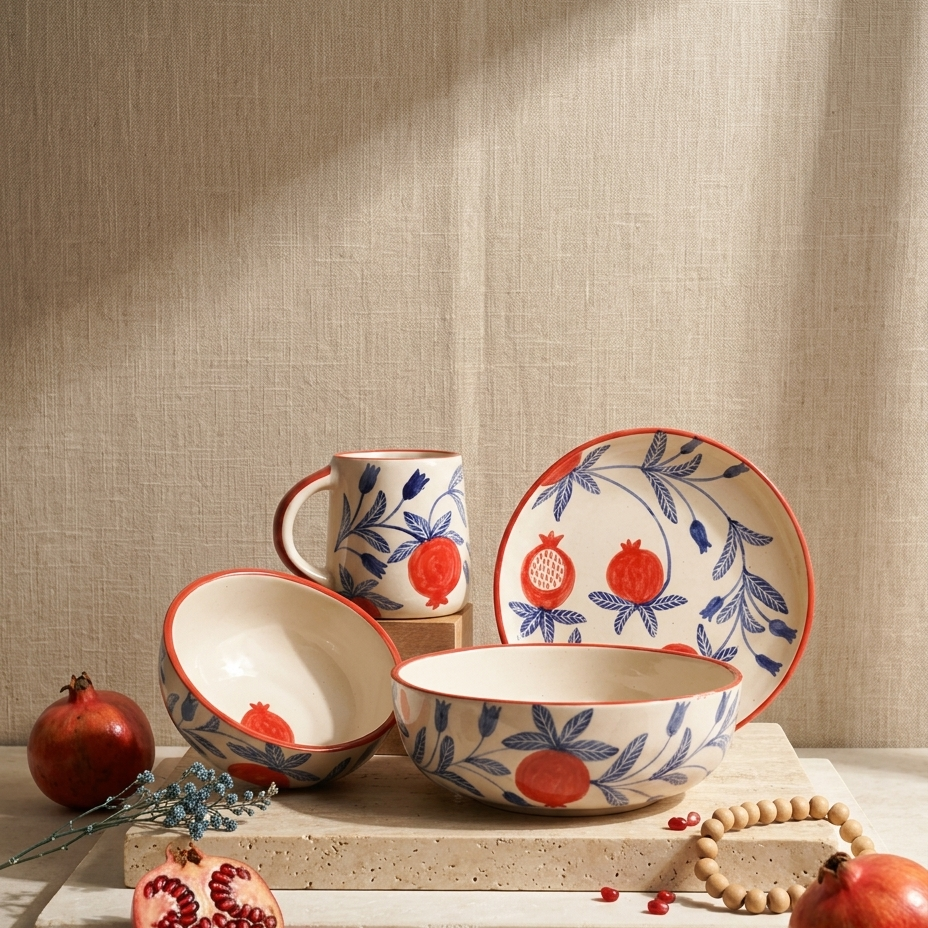 A coordinated ceramic tableware set displayed on a stone pedestal against a beige linen backdrop. The set includes a plate, bowls, and a mug with a white base and hand-painted blue botanical motifs and red pomegranate accents.