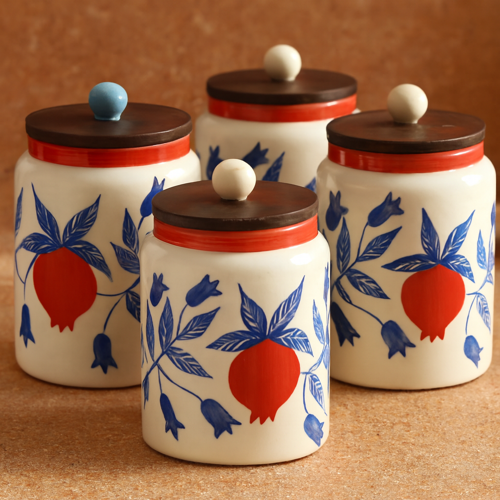 Set of four ceramic jars with floral and fruit design on a brown background