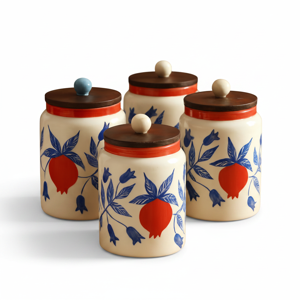 Set of four ceramic jars with floral and fruit design on a brown background