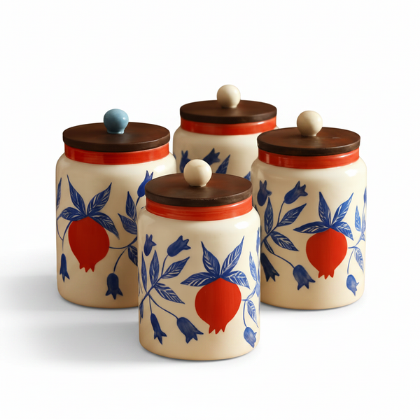 Set of four ceramic jars with floral and fruit design on a brown background
