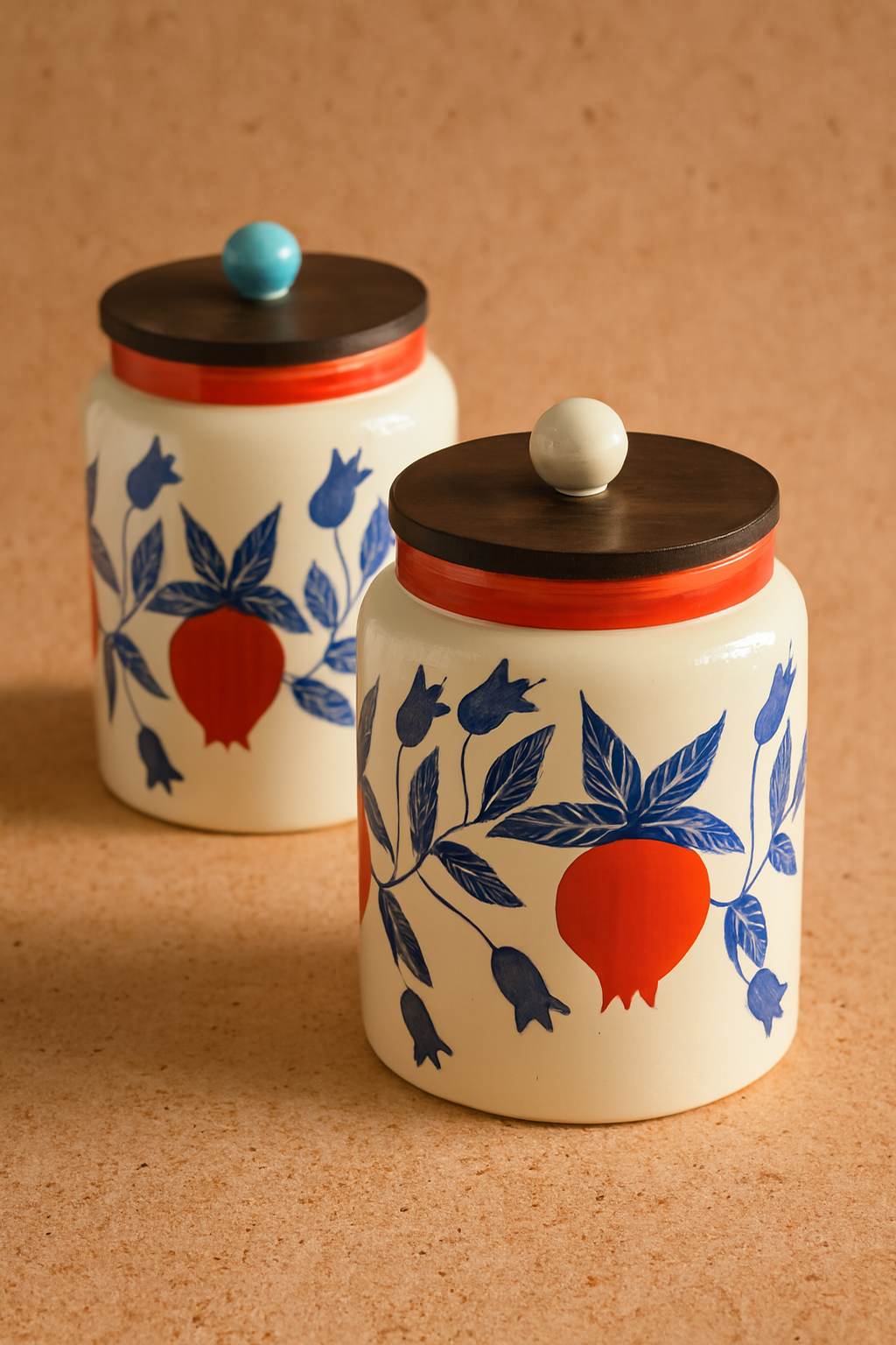 Two ceramic jars with floral and fruit design on a beige background