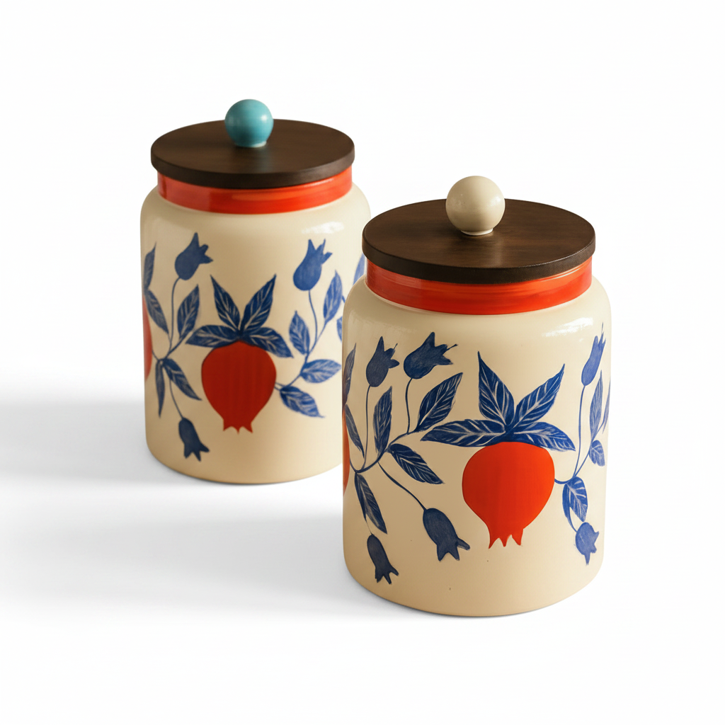 Two ceramic jars with floral and fruit design on a beige background