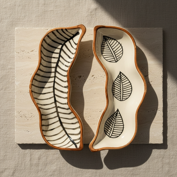 Two wavy ceramic serving dishes with a leaf design, one featuring a black leaf pattern on a cream background and the other with three leaf motifs on a cream background, both with a terracotta rim.