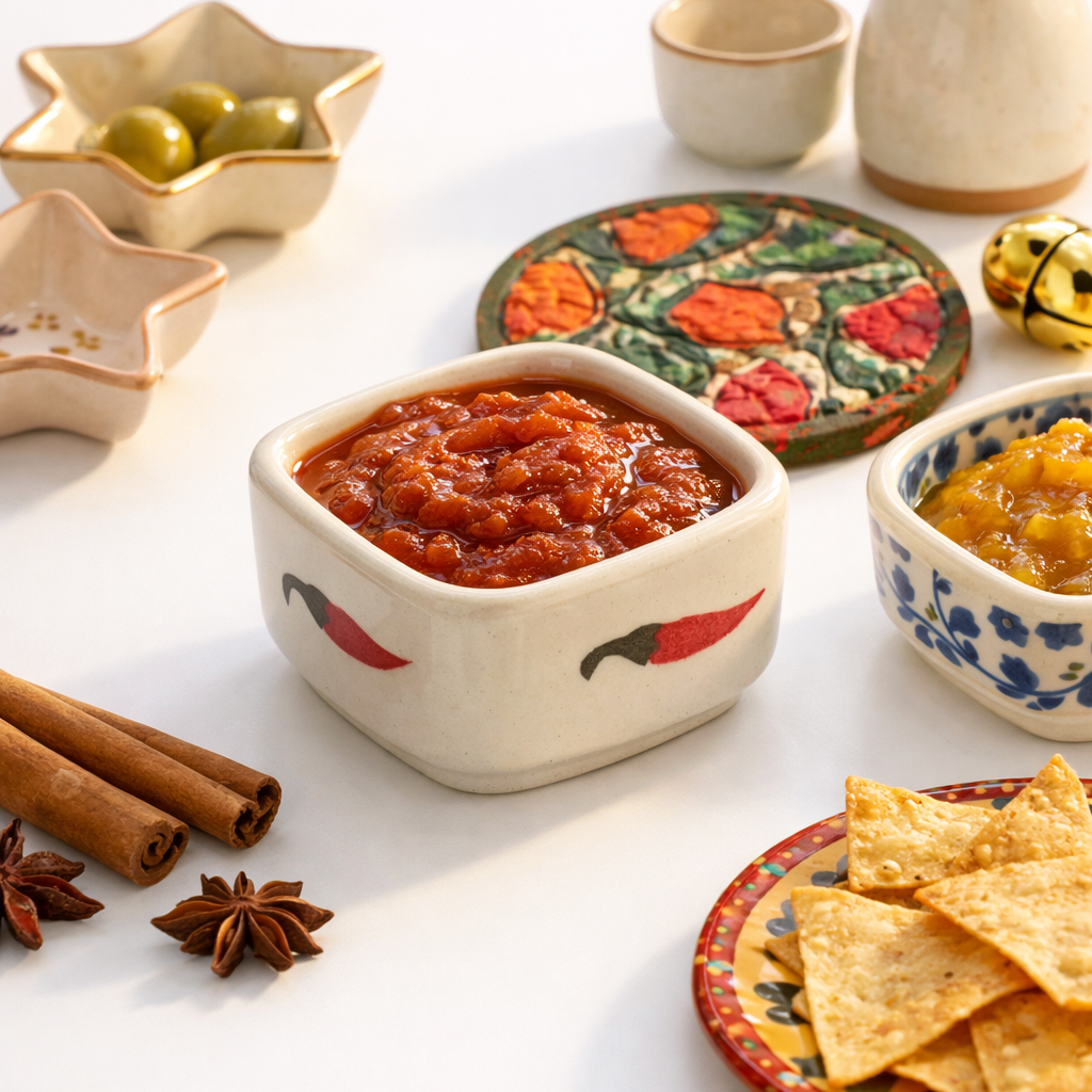 A styled tabletop scene showing a small square cream-colored ceramic bowl filled with red salsa, surrounded by other dishes including tortilla chips, olives, cinnamon sticks, star anise, a blue-and-white patterned bowl of yellow sauce, and a floral trivet on a white surface.